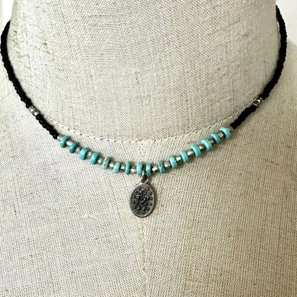 Vintage Virgin Mary blue and black beaded pendant  necklace